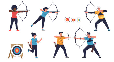 Diverse Archers Aiming Arrows at Targets in Colorful Dynamic Poses © tere