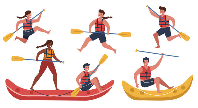 Diverse Group of Happy People Kayaking and Canoeing in Summer