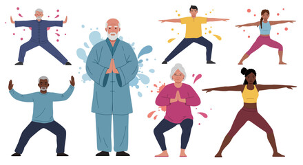 Diverse Seniors and Adults Practicing Tai Chi and Yoga Poses