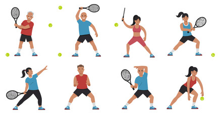Diverse Tennis Players in Action Demonstrating Various Strokes and Poses