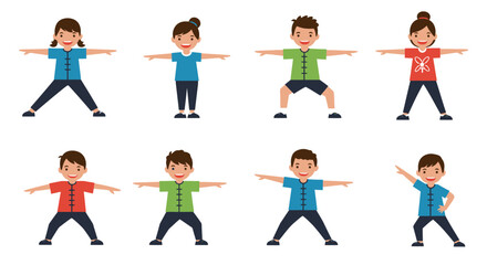 Eight Children Performing Diverse Tai Chi Poses