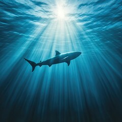 Great white shark swimming in crystal clear ocean water under sun rays, representing marine life and ocean predators. Banner for marine conservation, ocean biodiversity, or shark awareness campaigns.