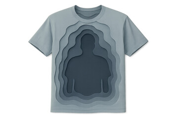 Light blue t-shirt featuring layered cutout revealing human silhouette, representing personal identity against transparent backdrop