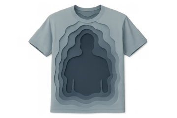 Light blue t-shirt featuring layered cutout revealing human silhouette, representing personal identity against transparent backdrop