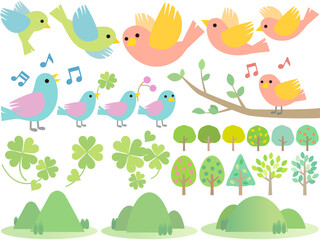 Obraz premium Cheerful Avian & Nature Motifs: Playful Birds, Clovers, and Trees for Kids’ Wall Art & Nursery Decor