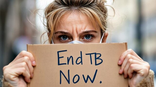 Woman protesting tuberculosis awareness with handwritten sign outdoors.