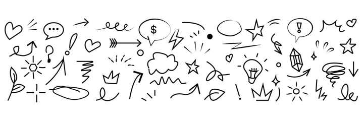 Line marker hand drawn brush arrow element set. Sketch pencil stroke vector graphic pen underline scribble icon. Hand drawn line heart,