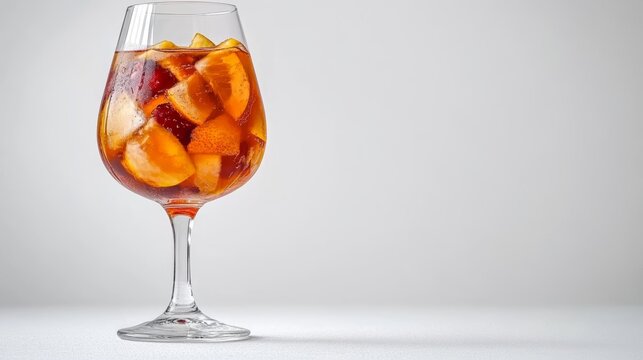 Refreshing Sangria Cocktail in Wine Glass with Fresh Fruits, Isolated on White Background.