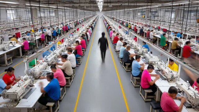 Manufacturing Precision: Rows of garment workers are meticulously sewing at their stations, symbolizing industry, labor, and mass production in a bustling factory setting.