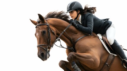 A ballet of skill: rider and horse leap fearlessly over a blue rainbow.
