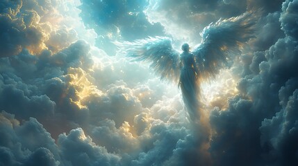 Majestic depiction of an angelic figure with large wings soaring through heavenly clouds in high resolution image