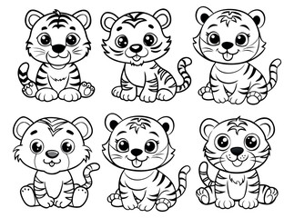 Obraz premium Silhouette of a City Skyline with Large Sun, Cute Black and White Outline Tiger Cubs for Coloring Books, set of cartoon-style black and white illustration of a baby tiger. tiger cubs, cartoon tigers,