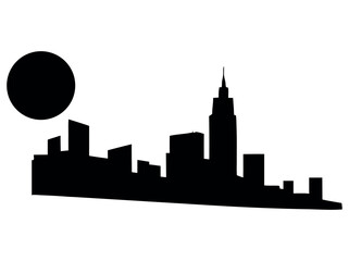 Naklejka premium Silhouette of a modern city skyline, New York style, silhouette of a city skyline at dawn or dusk, featuring prominent skyscrapers and a large sun, city skyline, New York, cityscape, urban, architectu
