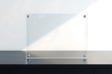 Blank A4 transparent glass office corporate Signage plate Mock Up Template, Clear Printing Board For Branding, Logo. Transparent acrylic advertising signboard mockup front view. 3D rendering.