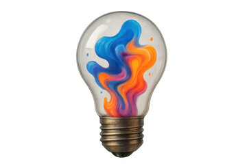 Paint swirling vibrantly within light bulb glass, representing creative thinking and imaginative potential on transparent backdrop
