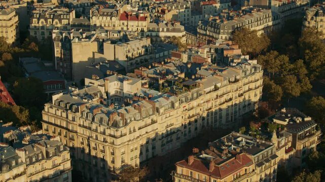 Close aerial view of traditional Parisian buildings at golden hour, with zinc rooftops, chimney stacks, and tree-lined boulevards casting soft shadows.