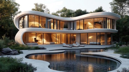 Modern luxury home with swimming pool surrounded by lush greenery in high resolution image