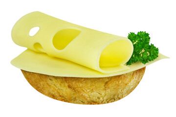 Bread roll and cheese isolated on white background