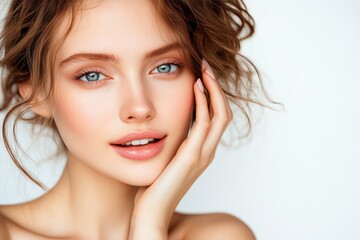 Fototapeta premium Portrait of Beautiful Young Woman with Perfect Skin on White Background After Skincare Treatment