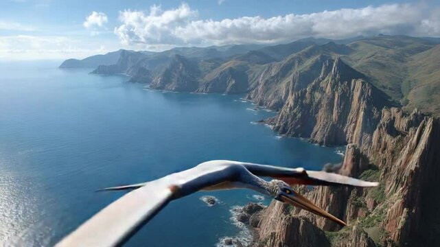 Coastal Vista with Pterosaur: An ancient Pterosaur glides gracefully over a vast, breathtaking coastline, framed by towering cliffs, cerulean waters, and an expanse of sky.