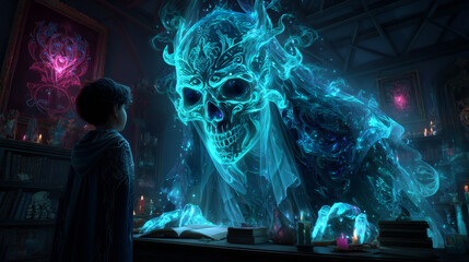 House with the ghost landing page with cartoon characters dead spook in mirror and frightened boy. Halloween virtual tour, book, game spooky scene with scary personage in darkness Vector web banner