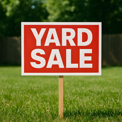 Realistic Yard Sale Sign on Lawn in Suburban Backyard