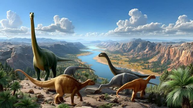 Prehistoric Panorama: A breathtaking vista of several dinosaurs of different species, including a Brachiosaurus and Stegosaurus, overlooking a vast river valley under a bright, cloud-filled sky.