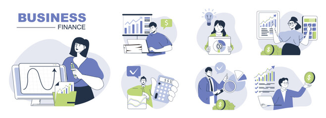 Fototapeta na wymiar Business and finance concept set for web design. Collection with people make financial analysis, brainstorming, planning income growth strategy. Flat vector illustration isolated on white background.