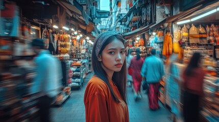 Asian woman amidst bustling market