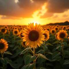 Obraz premium sunflower field at sunset, dramatic orange and yellow sky,