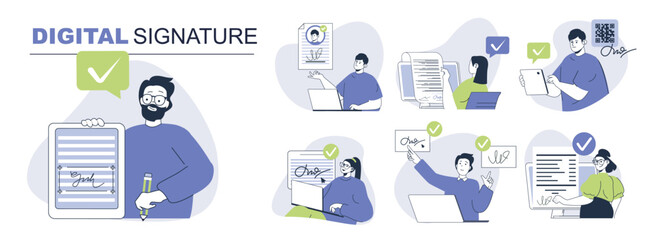 Digital signature concept set for web design. Collection with people signing law documents with electronic identification certificate online. Flat vector illustration isolated on white background.