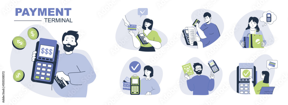 Fototapete Payment terminal concept set for web design. Collection with people using wireless and contactless POS terminals for paying with credit cards. Flat vector illustration isolated on white background.