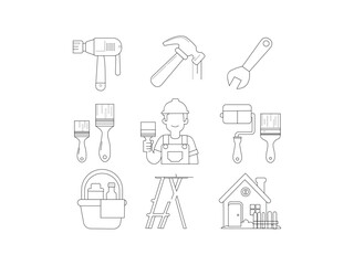 Simple Line Art Icons of Construction Tools, collection of simple, black and white line art icons representing various construction tools, construction tools, tools, line art, icons, construction, DIY