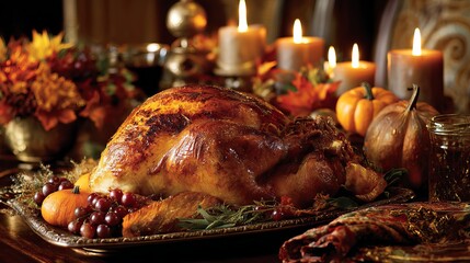Thanksgiving dinner roasted turkey centerpiece with candles and autumn decor for festive holiday meal celebration