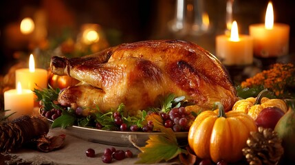 Thanksgiving dinner roasted turkey recipe with candles and pumpkins for holiday celebration feast ideas