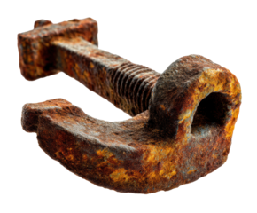 Rusty clamp old tool on display for industrial art on a transparent background, cut out