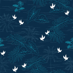 Hand drawn tropical leaves with white pigeons seamless pattern on navy blue background