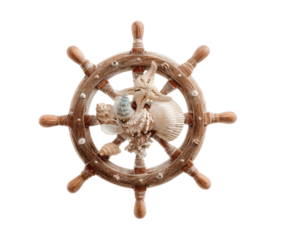 Nautical decor featuring a ship's wheel with seashells and coral on a transparent background, cut out