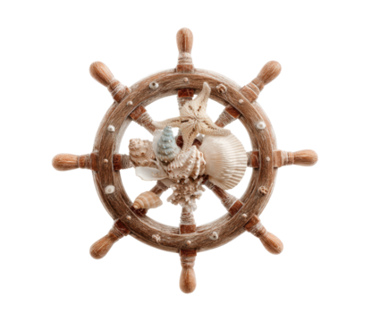 Nautical decor featuring a ship's wheel with seashells and coral on a transparent background, cut out