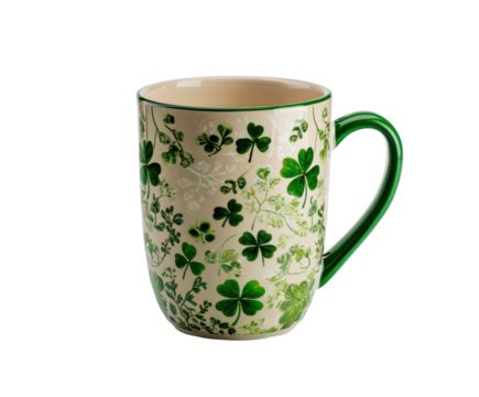 Charming green mug with shamrock design for festive occasions on a transparent background, cut out