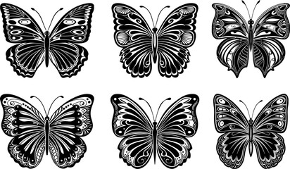 Fototapeta premium Intricate Black Butterfly Silhouette Vector Set – Decorative Symmetrical Insect Design on White Background