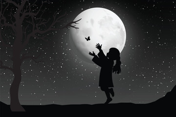 Cute Girl And Moon Silhouette