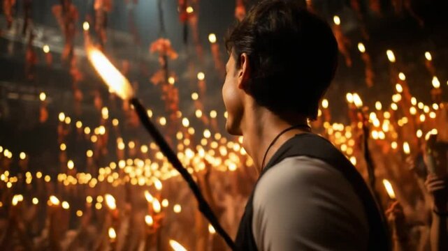 A lively gathering illuminates the night as people raise their torches, creating a mesmerizing glow. Enthusiastic faces enjoy the festivity, surrounded by warmth and excitement