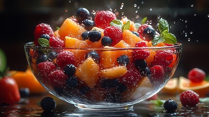 Refreshing summer fruit salad in a glass bowl with fresh blueberries and raspberries.