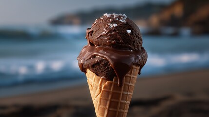A melting chocolate ice cream cone held against a beach background, rich texture dripping down the sides, golden hour sunlight adding warmth and glow