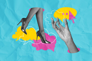 Composite trendy magazine photo collage of female legs wear high heel shoes stand bubble...