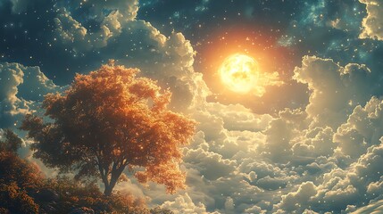 Scenic dreamscape illustration of a luminous sun amongst dreamy clouds and a vibrant tree.