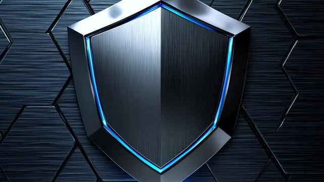 Metallic shield with blue glow on futuristic hexagon surface