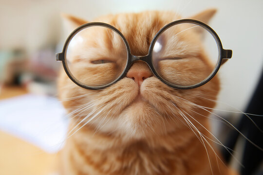 Smart Cat in Glasses: Captivating close-up of a ginger cat, adorned with round glasses, its eyes gently closed as it projects an image of intellectualism and focused attention.