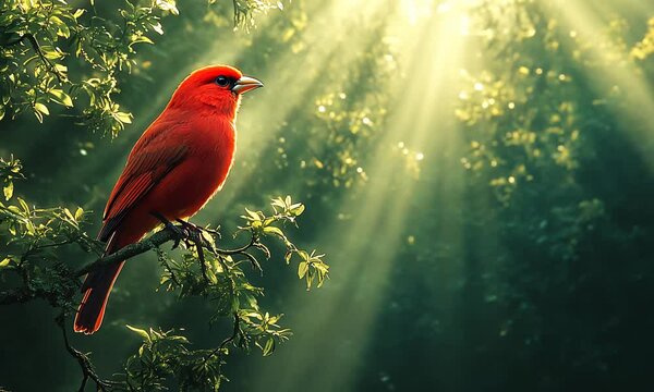 Vivid scarlet tanager perched on a branch in a sunlit forest. Morning glory